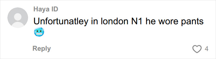 A social media comment from Haya ID mentioning Bad Bunny wearing pants in London, reacting to his dance move. A social media comment from Haya ID mentioning Bad Bunny wearing pants in London, reacting to his dance move.