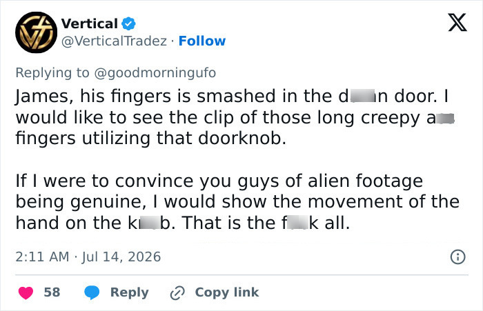 A Twitter post from Vertical discussing an error in James Franco's video proving his alien encounter. A Twitter post from Vertical discussing an error in James Franco's video proving his alien encounter.