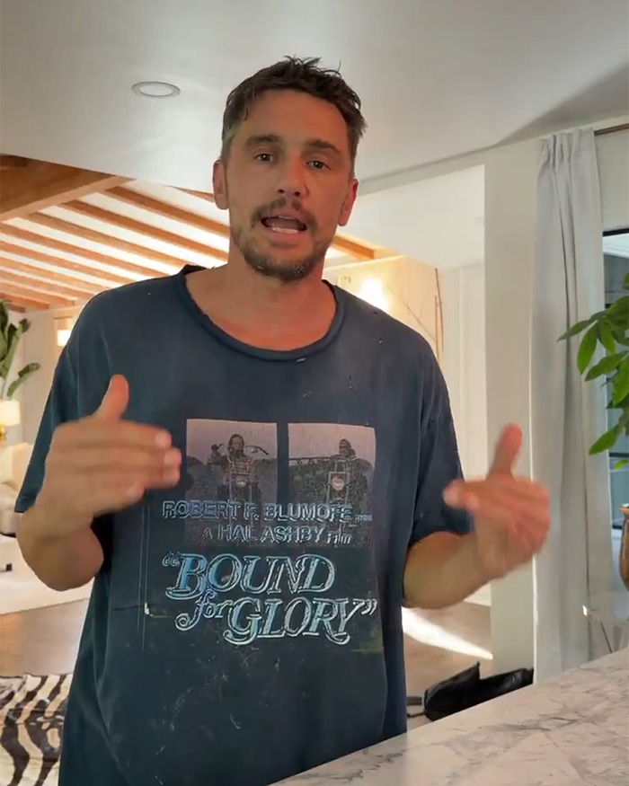 James Franco talking to the camera, gesturing with his hands about the alien reveal video. James Franco talking to the camera, gesturing with his hands about the alien reveal video.