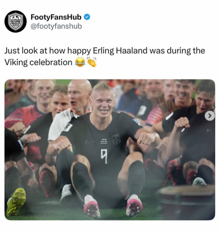 A World Cup football fan tweet showing Erling Haaland looking happy during a Viking celebration.