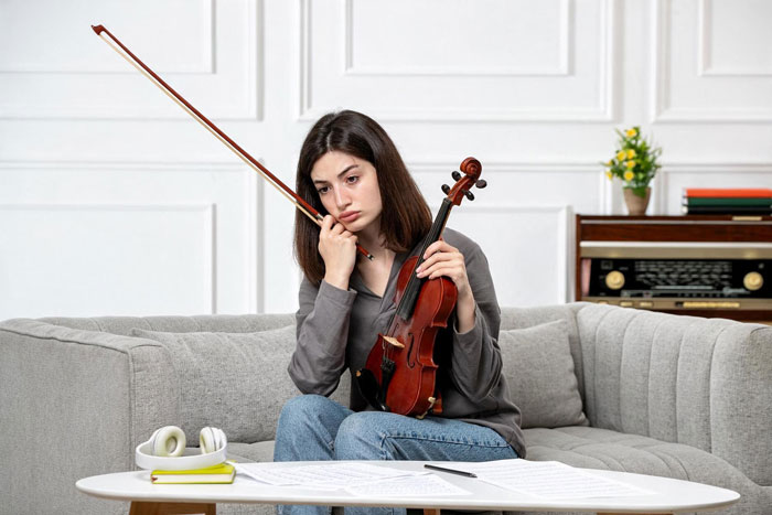 A young woman looking sad while holding a violin and bow, reflecting on the wedding violin request.