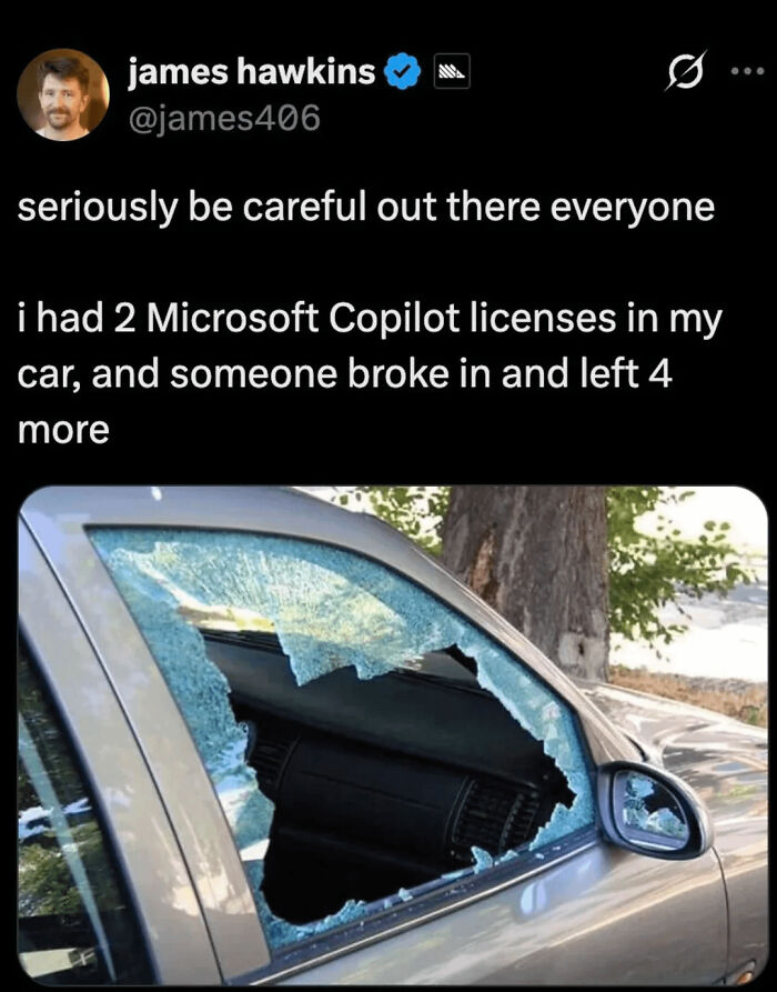 A funny meme showing a broken car window with a tweet about AI.