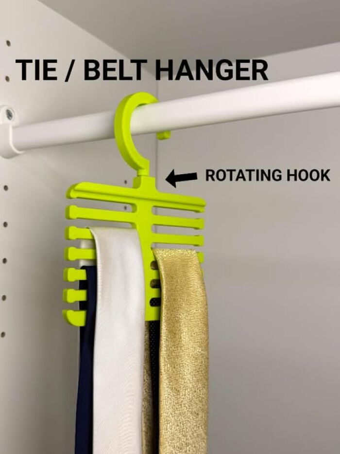 Bright green 3D printer created tie/belt hanger with a rotating hook displaying two ties in a closet.