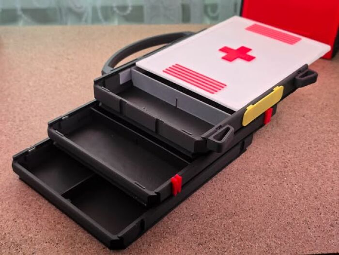 A 3D printer created first aid kit with multiple pull-out drawers, demonstrating a cool and functional storage solution.