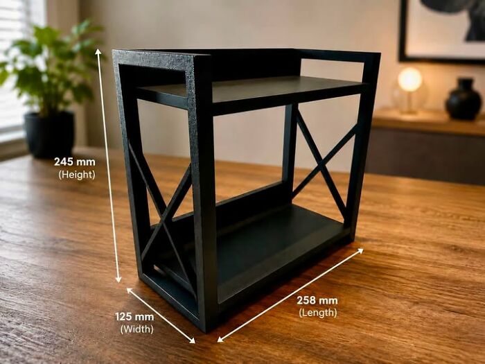 A black 3D printer created two-tier shelf with dimensions indicated: 245mm height, 125mm width, 258mm length.