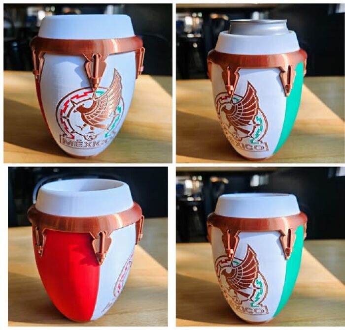 Four views of a Mexico-themed can holder, a functional thing created using a 3D printer, resembling a drum.