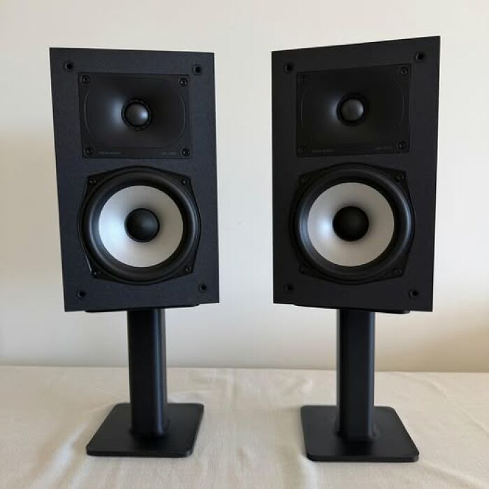 Two black speakers on 3D printed stands, demonstrating functional and cool things people created using only a 3D printer.