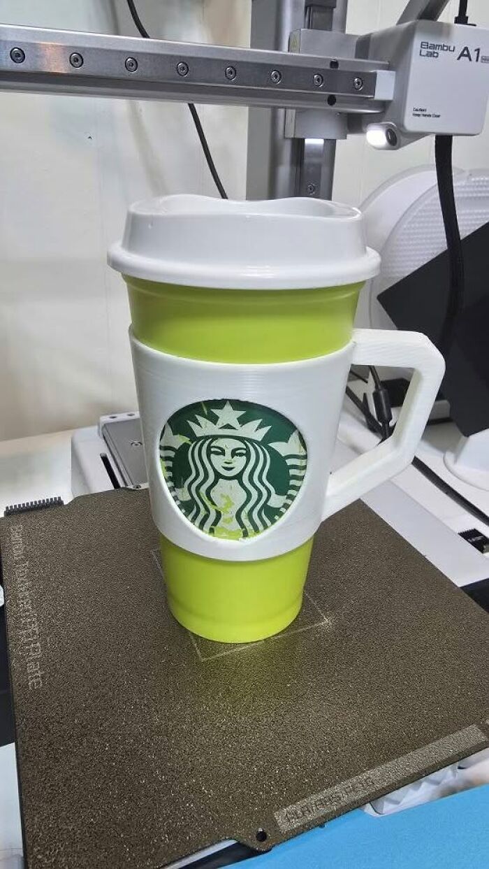 A lime green Starbucks cup with a white handle and logo cutout, being a cool 3D printed creation.