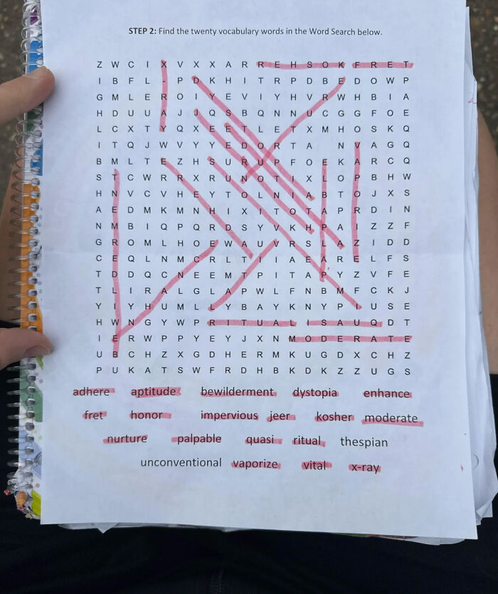 A hilariously awful design fail: a word search with highlighted answers, some of which are not valid words.