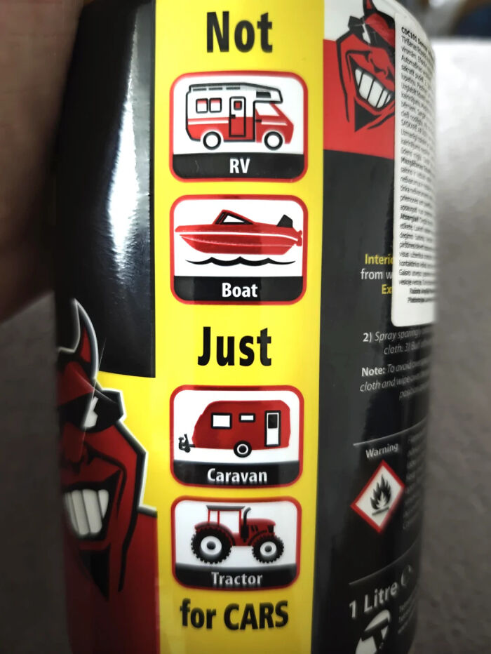 A product label with confusing icons and text indicating it is not just for cars. An awful design fail.