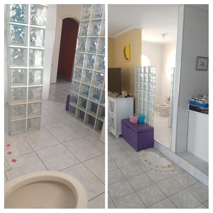 A split image showing a bathroom with a glass block wall and a toilet in the foreground, highlighting terribly designed bathrooms.