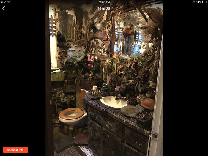 Terribly designed bathroom cluttered with excessive natural decor, creating an overwhelming bathroom environment.