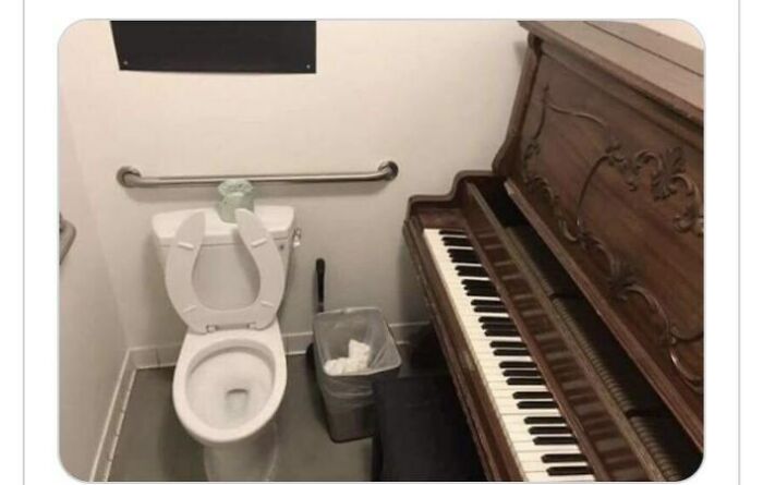 A terribly designed bathroom featuring a toilet next to a large piano, an unusual and impractical bathroom layout.