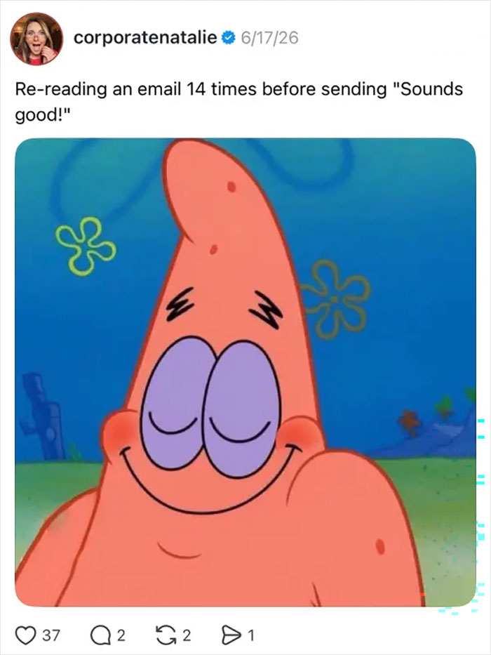 A meme of Patrick Star from Spongebob Squarepants, smiling with eyes closed, representing the painful realities of 9-to-5 life.