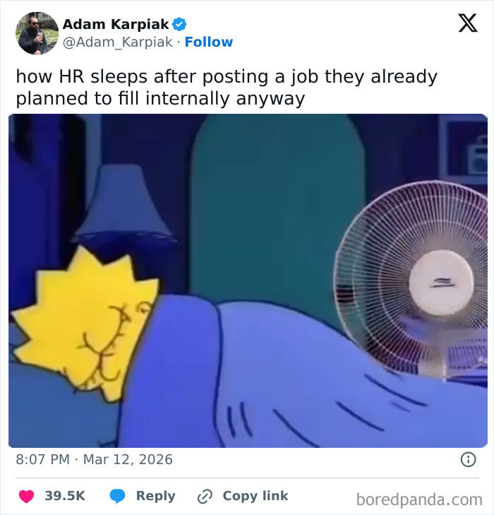 A meme of a character from The Simpsons sleeping soundly, representing HRs painful realities regarding 9-to-5 life.