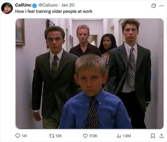 A tweet about the painful reality of 9-to-5 life: how I feel training older people at work, featuring a scene from Malcolm in the Middle.