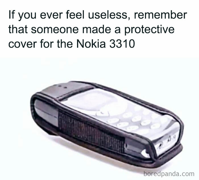 A meme showing a Nokia 3310 with a protective cover, highlighting how some ancient memes still crack people up.