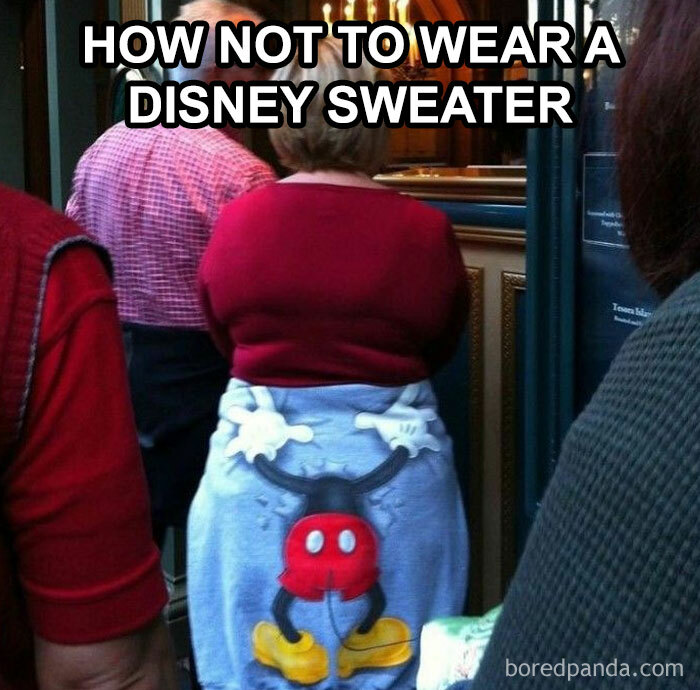 A person wearing a Mickey Mouse themed outfit, highlighting ancient memes that still crack people up.