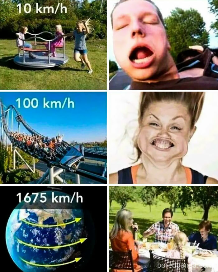 A meme illustrating different speeds (10 km/h, 100 km/h, 1675 km/h) with corresponding funny reactions and an unchanged family picnic, part of 100 ancient memes.