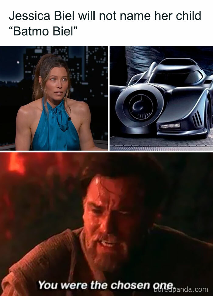 A meme featuring Jessica Biel, the Batmobile, and Obi-Wan Kenobi from Star Wars, referencing ancient memes.
