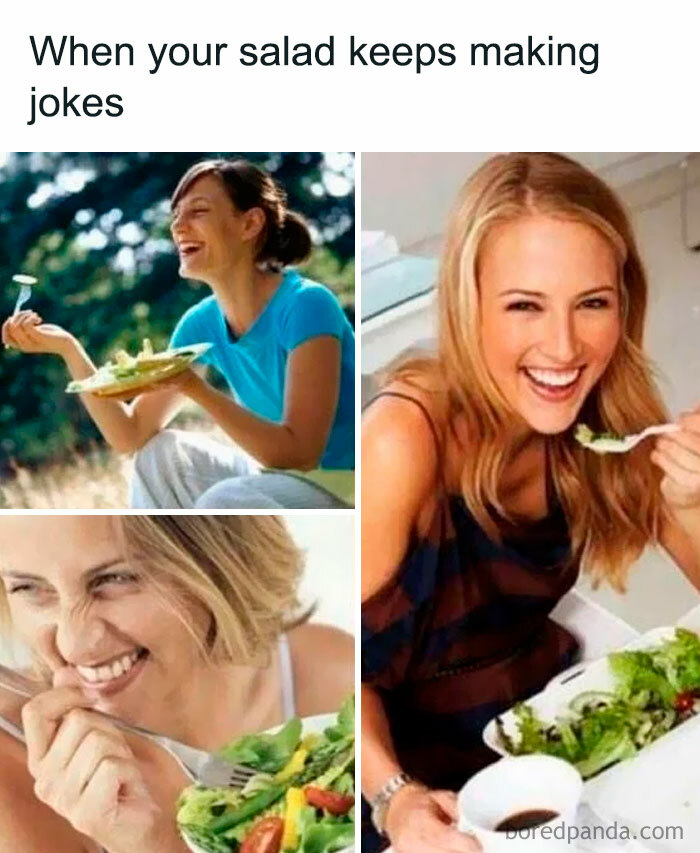 A collage of four images of women laughing while eating salad, with the text When your salad keeps making jokes. Ancient memes that still crack people up.