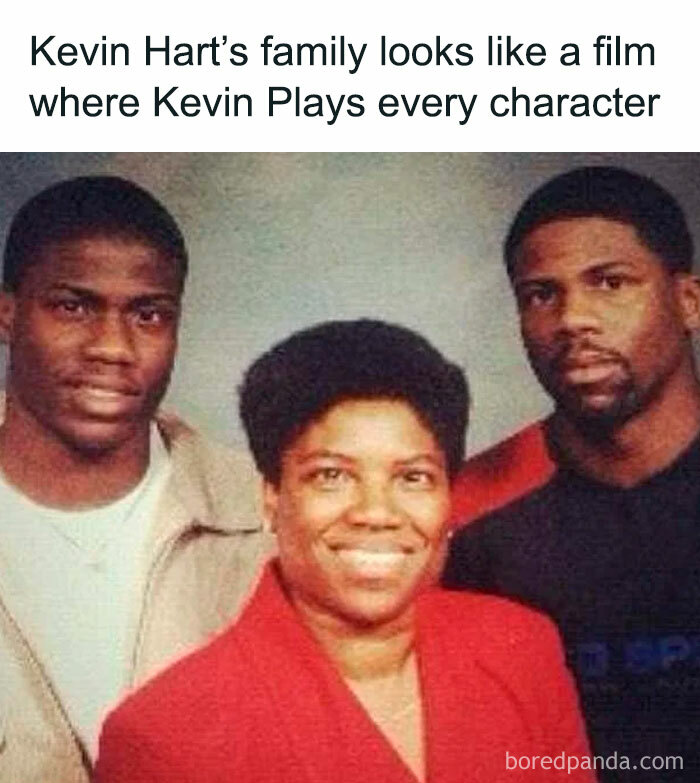 A humorous meme featuring a photo of Kevin Hart with family members who strongly resemble him. This is one of many ancient memes that still crack people up.