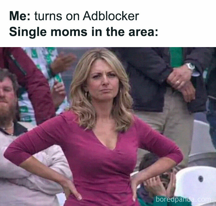 A meme showing a woman with a skeptical expression, implying a reaction to turning on an adblocker and single moms in the area. Ancient memes that still crack people up.