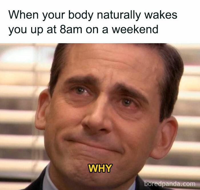 A still of Michael Scott crying with the caption When your body naturally wakes you up at 8am on a weekend. WHY, an ancient meme.