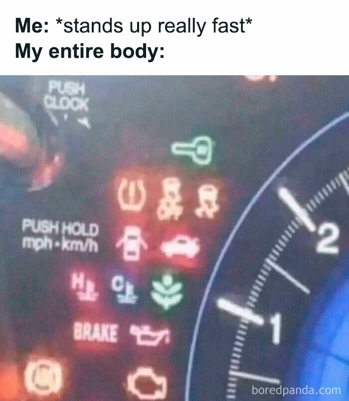 A car dashboard with many warning lights illuminated, a relatable image for ancient memes.