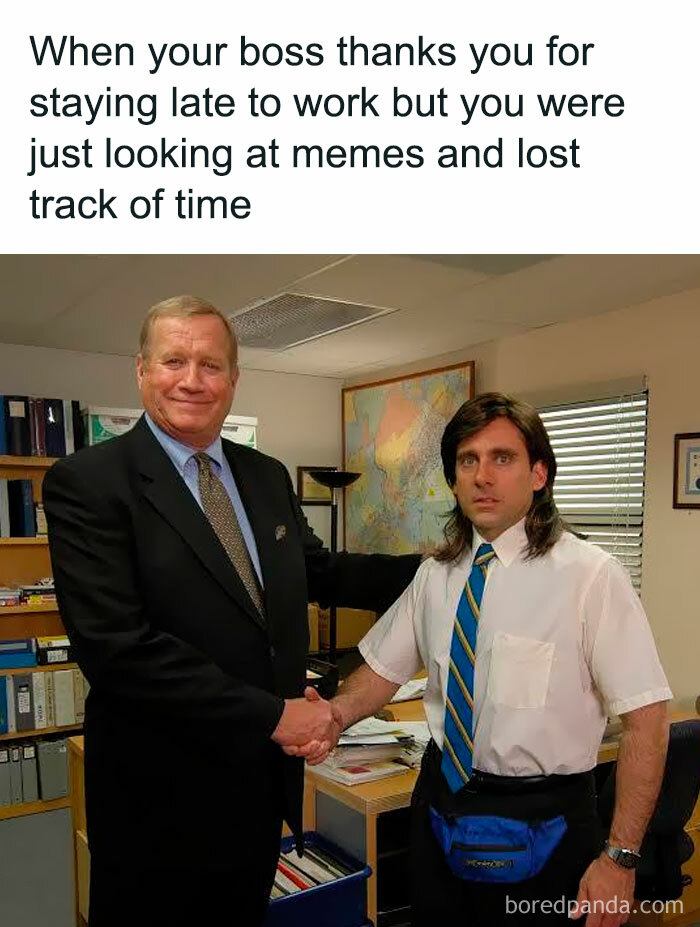 An ancient meme showing a boss shaking hands with an employee, referencing staying late for work because of memes.