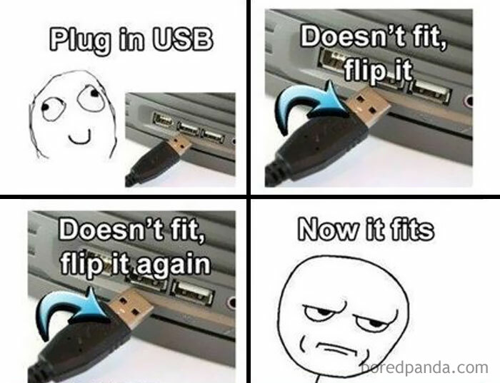 A four-panel rage comic illustrating the frustration of plugging in a USB, a classic example of ancient memes.