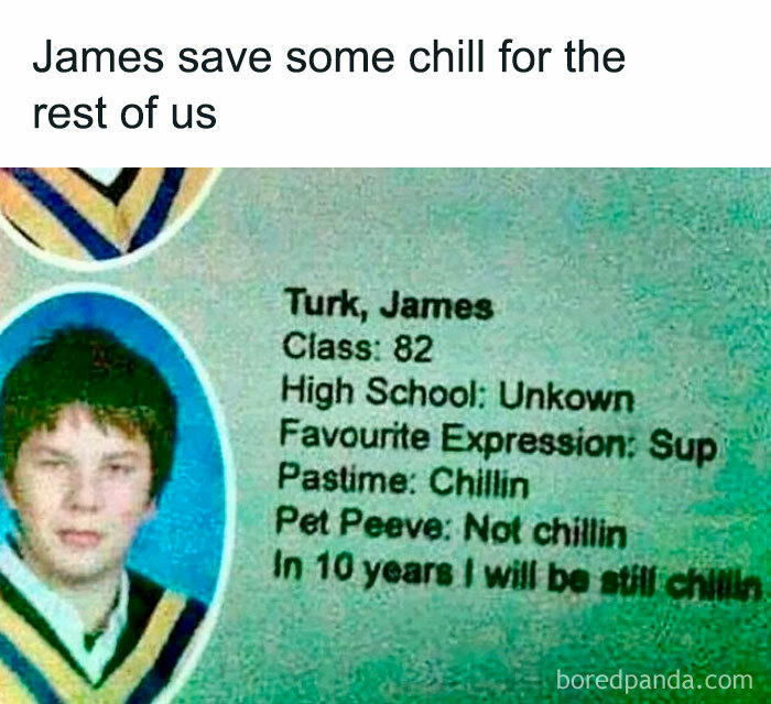 A humorous ancient meme featuring a yearbook entry for James, highlighting his 'chillin' pastime and pet peeve.