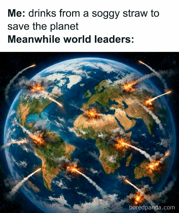 A meme showing Earth with explosions while someone drinks from a soggy straw, highlighting ancient memes.