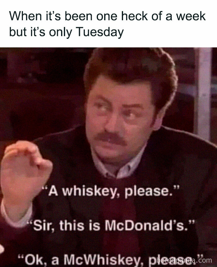 A meme of Ron Swanson asking for whiskey at McDonalds, an amusing example of ancient memes that still crack people up.
