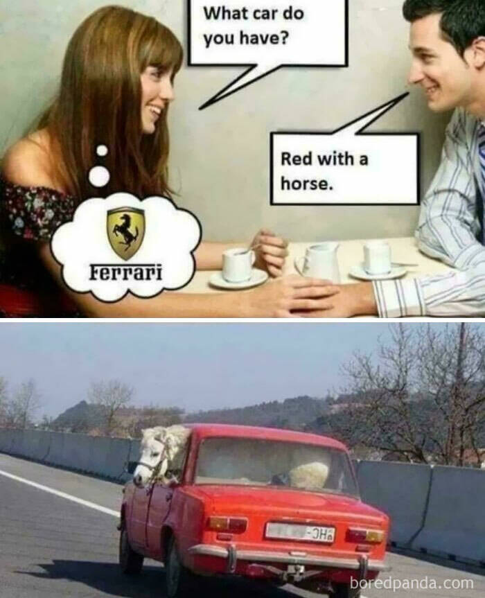 A two-panel image meme; the top shows a conversation about a car with a horse, the bottom shows a dog in a red car, an ancient meme.