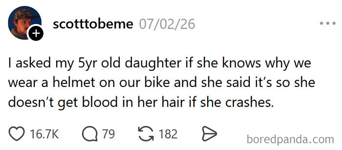 A meme about raising kids: a five-year-old's funny reason for wearing a helmet on a bike.