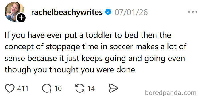 A meme about raising kids: putting a toddler to bed feels like endless stoppage time in soccer.