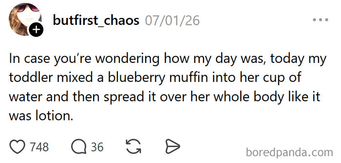 A funny meme about raising kids: a toddler mixing a muffin into water and spreading it like lotion.