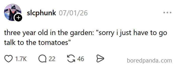 A meme about raising kids: a three-year-old in the garden saying they need to talk to the tomatoes.