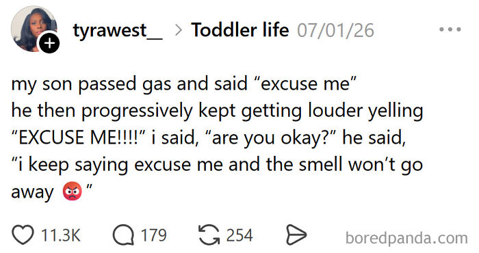 A funny meme about raising kids, showing a tweet from tyrawest_ about her son apologizing loudly for a lingering smell.