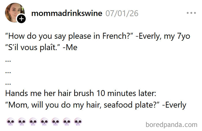 A funny meme about raising kids, showing a tweet from mommadrinkswine about her child misinterpreting a French phrase.