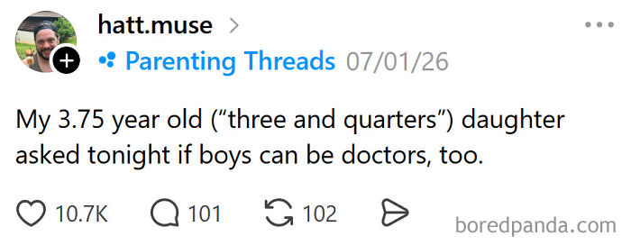 A funny meme about raising kids, showing a tweet from hatt.muse about her daughter asking if boys can be doctors too.