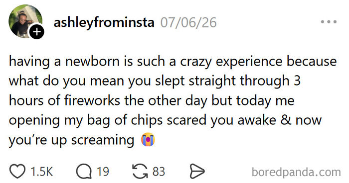 Funny meme about raising kids: A newborn meme about how fireworks don't wake babies, but chips do.