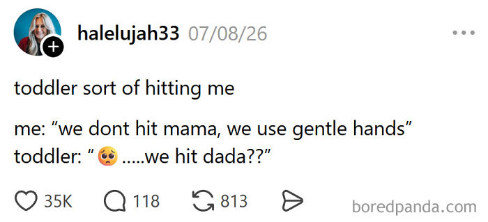 A social media post with a funny meme about raising kids, showing a toddler asking if they can hit their dad.