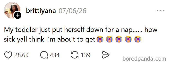 A social media post with a funny meme about raising kids, where a parent questions why their toddler put themselves to sleep.