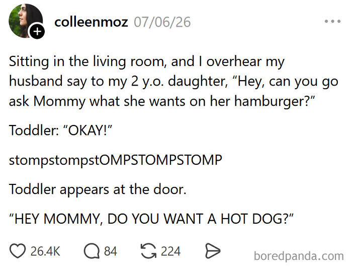A social media post with a funny meme about raising kids, where a toddler mishears an instruction about a hamburger.