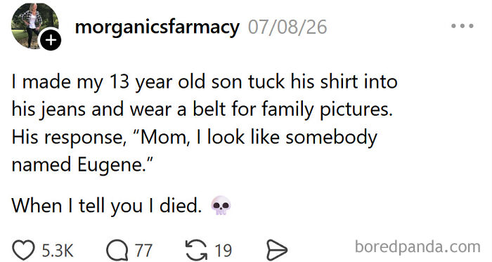 A social media post with a funny meme about raising kids, depicting a 13-year-old's humorous reaction to tucking in his shirt.