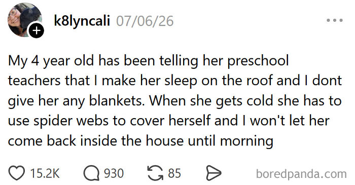 Funny meme about raising kids: A 4-year-old telling preschool teachers she sleeps on the roof without blankets.