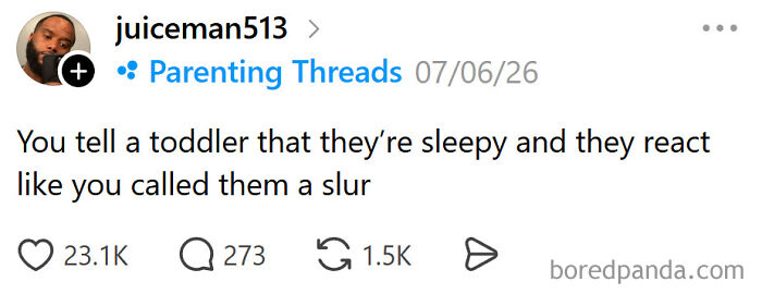 A social media post with a funny meme about raising kids and a toddler's dramatic reaction to being told they're sleepy.