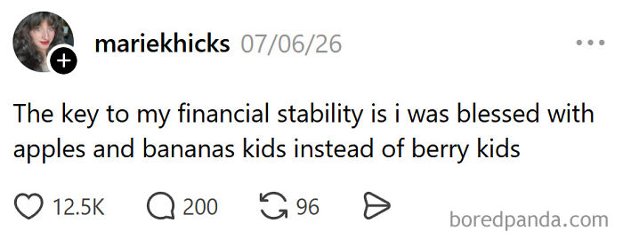 A meme about raising kids, showing a post from mariekchicks about financial stability due to the type of kids.